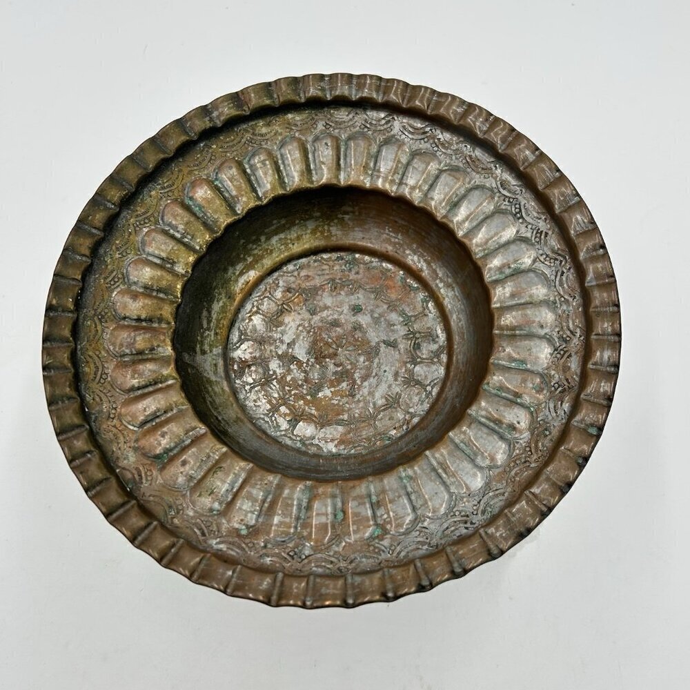 Egyptian Copper Hand Hammered 9" Bowl Scallop Etched Dish Metal Tinned Vintage